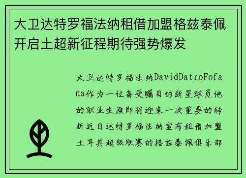 大卫达特罗福法纳租借加盟格兹泰佩开启土超新征程期待强势爆发 大卫达特罗福法纳租借加盟格兹泰佩开启土超新征程期待强势爆发